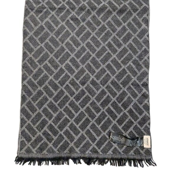 ARMANI COLLEZIONI Grey & Grey Rectangular Geometric Print Logo Embroidered Scarf - Picture 8 of 16